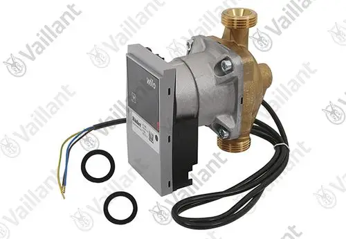 Vaillant Pumpe mit einer elektrischen Steuerungseinheit, gebogenen Rohren und zwei Dichtungsringen zur Verbindung mit Rohrsystemen.